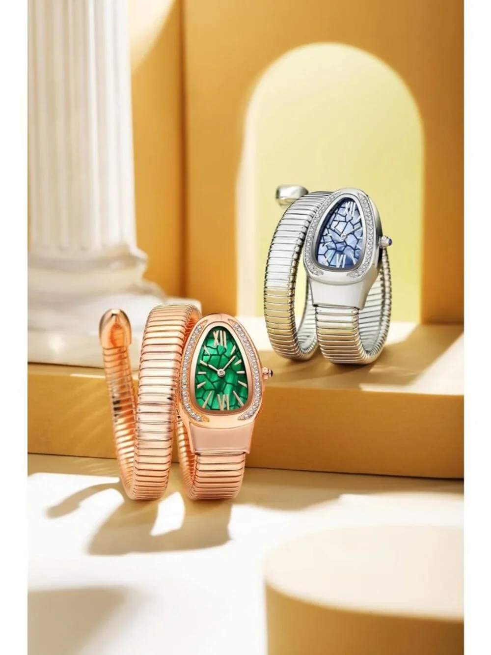 Women's Silver Blue Elegant Wrap Around Bangle Fashion Snake Cuff Wrist Watches